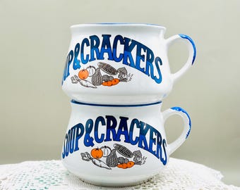 Zestaw kubków Vintage Soup & Crackers w kolorze niebiesko-białym, ceramicznym, na Dzień Matki, do kuchni