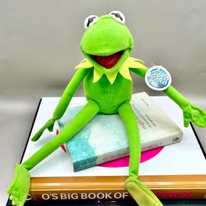 以下が含まれることがあります： マペットのカーミット・ザ・フロッグのぬいぐるみ。鮮やかな緑色で、白い目、赤い口、黄色の襟が特徴です。人形は、「the life-changing magic of tidying up」というテキストを含む本の山の上に座っています。
