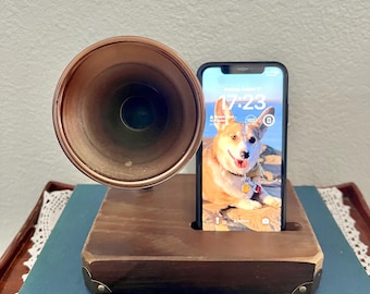 Vintage trägrammofon, telefonförstärkare, passiv högtalare, musikälskare, present, skrivbordsdekor