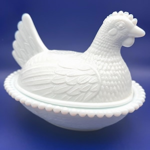 Vintage Indiana Glass Milk Glass Hen on Nest Lidded Dish