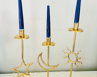 Vintage Brass Celestial Candlestick Holders Sun Moon Star Whimsigoth Holiday Decor Set
