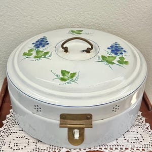 Vintage 1960s Enamelware Bread Box: Hand-Painted Blue Green Grapes, European Country Kitchen Storage
