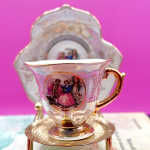 Vintage Porcelain Tea Cup & Saucer Set with Gold Stand – Romantic Victorian Scene – Mother’s Day Gift for Tea Lover – Shabby Chic Decor