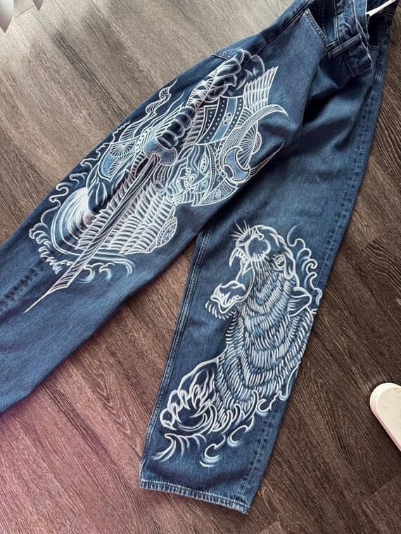 Hand-painted Graphic Jeans – Tiger & Japanese Art Denim - Etsy Israel