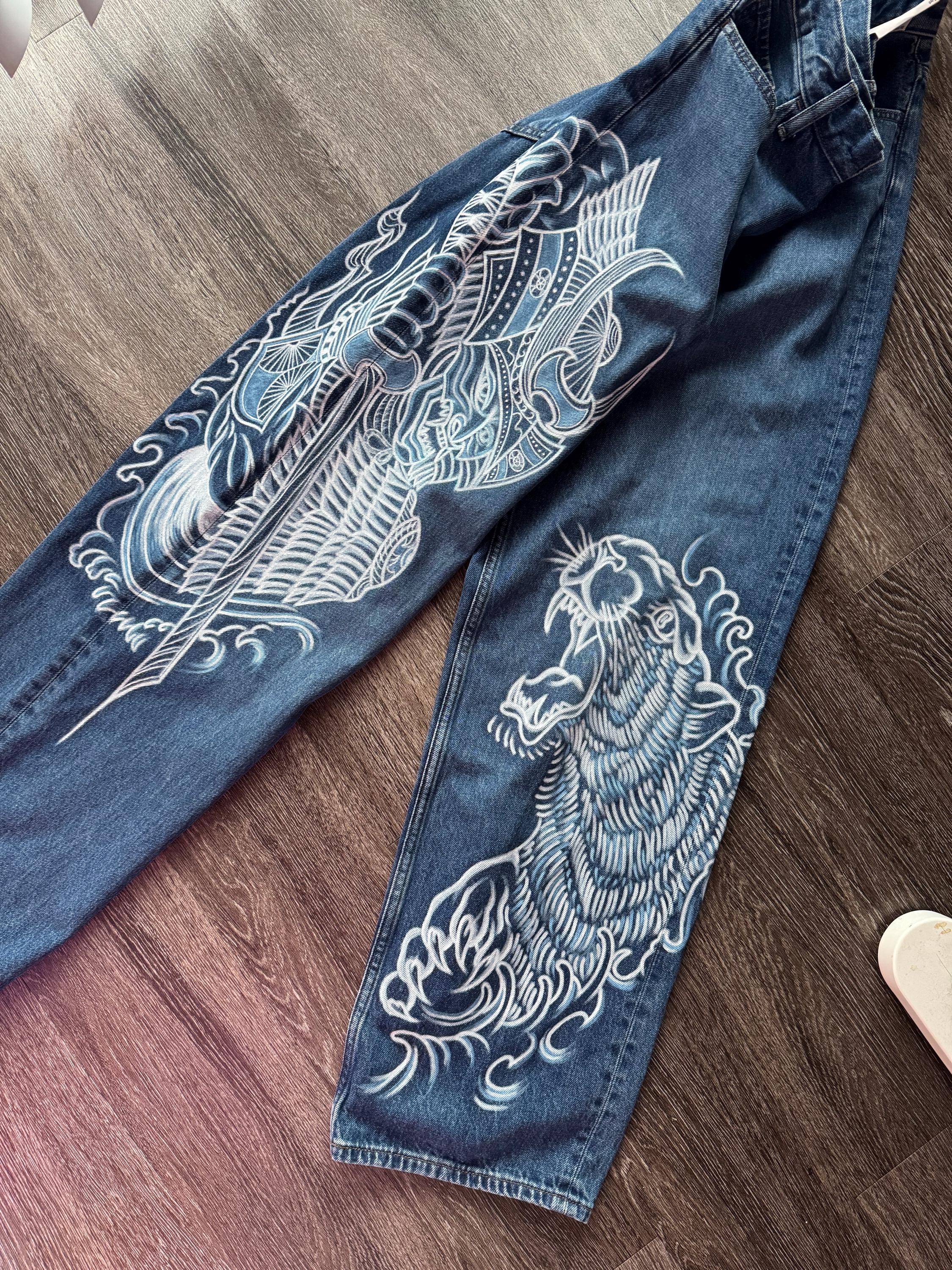 Hand-painted Graphic Jeans – Tiger & Japanese Art Denim - Etsy Israel