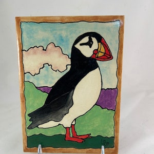 Hand Painted Alaska Puffin Porcelain Tile: Wildlife Art