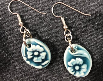 Teal Blue Porcelain Earrings with Silk Pouch