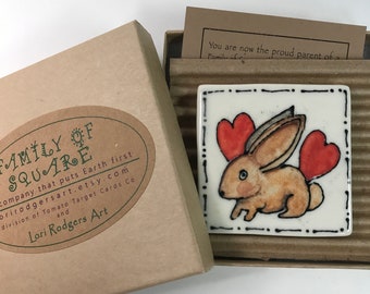 Valentine 2.25 Family of Square Bunny with hearts porcelain tile with easel. Rabbit tile, boyfriend gift, mom gift, dad gift, bunny lover