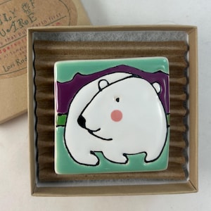 Small Polar Bear Porcelain Tile with wooden Easel, wildlife lover gift, Alaska lover gift, bear lover gift, Endangered bear, White bear gift