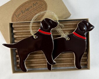 Chocolate Lab Decorations, High Fired Porcelain, Set of 2