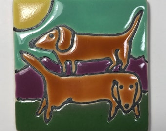 2.5 Square  Double dachshunds, doxy mom gift, doxy dad gift, doxy lover porcelain tile, new dachshund owner, weeny dog owner gift, new dogs