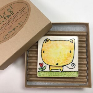 2.5 Square Yellow Underglazed  Cat, cat lovers gift, new cat mom gift, cat dad gift, cat owner gift, kitty gift, feline gift
