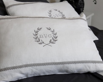 Funda de almohada de lino con monograma bordado, funda de almohada personalizada