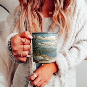Malerischer See und Berge Keramikbecher, Naturszene Kaffeetasse, 3D-Karikatur-Effekt, Naturliebhaber Geschenk, 11oz, 15oz