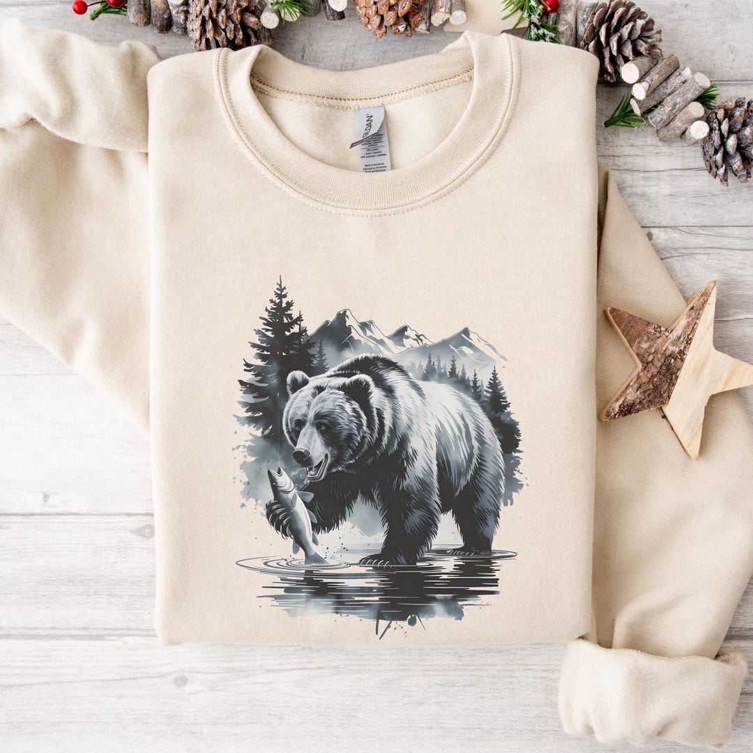 Mens Vintage Grizzly Print Zip Up Sweatshirt