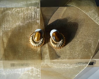 Vintage Tigerauge Ohrclips - Gold Statement Schmuck, Retro Ohrstecker, Elegantes Edelstein Zubehör, Einzigartiges Geschenk für Sie