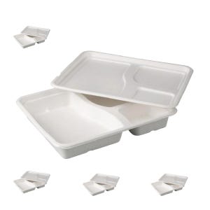BioGreenPaper Heavy Duty Bagasse 3 Compartment Meal Tray - 75/PACK. 500/CASE.