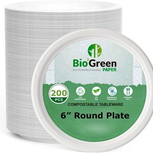 BioGreenPaper Heavy Duty Compostable Sugarcane / Bagasse 6&quot; Plate - 200/Pack. 1000/Case.
