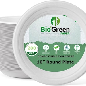 BioGreenPaper Compostable Disposable Round Paper Plates 10&quot; Heavy Duty 100% Sugarcane/Bagasse Biodegradable Eco-Friendly. 200/Pack. 500/Pack
