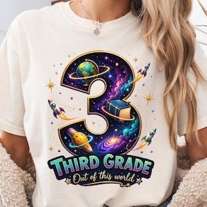 Kosmisches T-Shirt für die 3. Klasse, Weltraum-T-Shirt für die 3. Klasse, Galaxie-Lehrer-Top, STEM-T-Shirt für die 3. Klasse, Raketen-Lehrer-Shirt, Kosmisches Klassenzimmer-Top