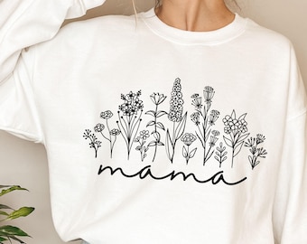 Sweatshirt Wildflower Mama, bloemen lijntekeningen moeder ronde hals, Moederdagcadeau voor moeder, minimalistische bloementrui
