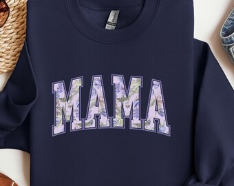 Mama-sweater met lila bloemen, Varsity Mama ronde hals, Moederdagcadeau voor moeder, schattige trendy moedertrui