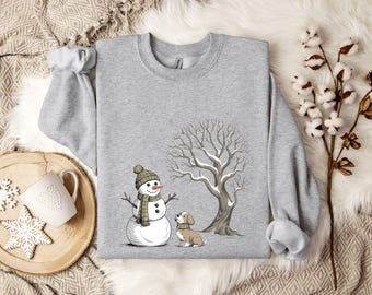 Sneeuwpop en hond kersttrui dames, gezellige winter ronde hals met boom en vallende sneeuw, leuke vakantietrui, feestelijk cadeau voor haar