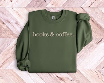 Sweatshirt boeken en koffie, minimalistisch cadeau boekenliefhebber, gezellig lezen ronde hals, shirt bibliothecaris, trui koffieliefhebber