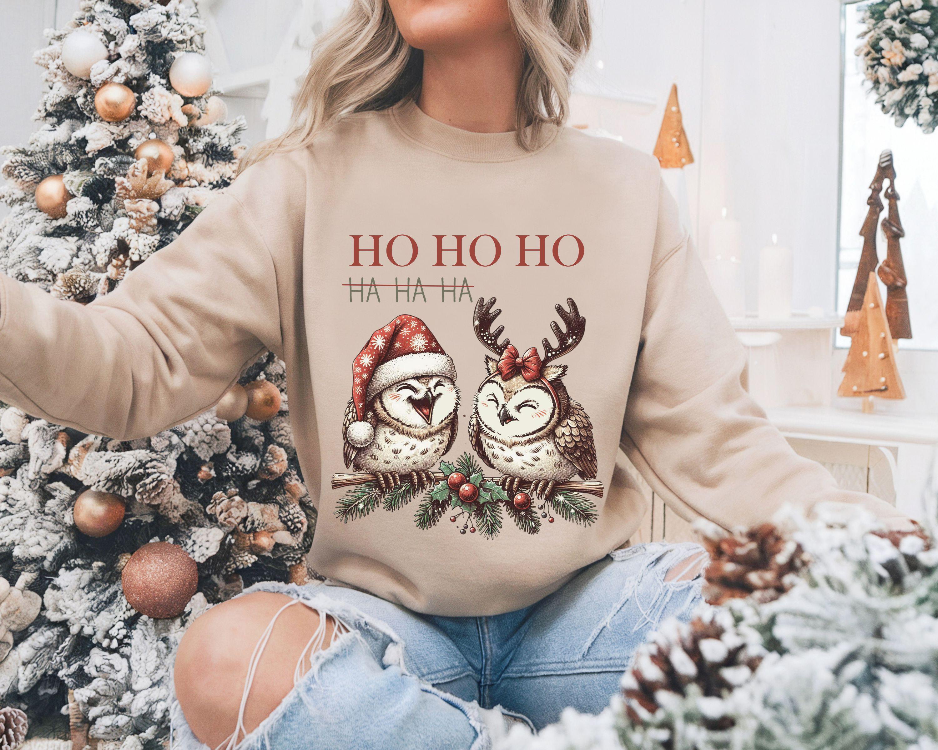 HOHOHO Owl Christmas Sweatshirt Women, Funny Retro Owl Crewneck, Cute Santa Owl Holiday Sweater, Vin