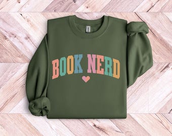 Boek nerd sweater, schattige varsity boekenliefhebber ronde hals, kleurrijke leestrui, bibliothecaris cadeau, leraar schoolse top