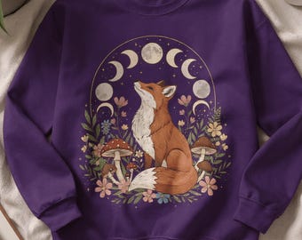 Cottagecore Fox Sweatshirt, Moon Phase Mushroom Crewneck, Witchy Woodland Pullover, Celestial Forest Animal Sweater, Cozy Gift for Her Woman