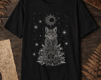 Fuchs Tshirt Himmlisch, Dunkles Cottagecore T-Shirt, Witchy Mond Kleidung, Mystische Wald T-Shirt Tier Top Shirt für Frauen Mädchen