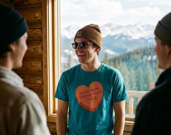 Telemark Skier Candy Heart T-Shirt, Your Mom Cares that I Tele, Valentine's Day Tee, Unisex Heavy Cotton Shirt, Skiing Gift
