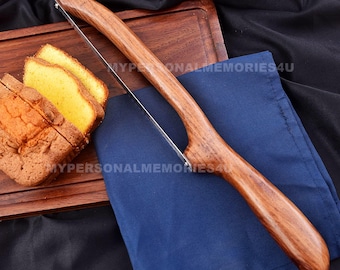 Cuchillo de arco hecho a mano con mango de madera, rebanador de pan de masa madre, queso y cocina, rebanador personalizado para ella, grabado corporativo del Día de la Independencia.