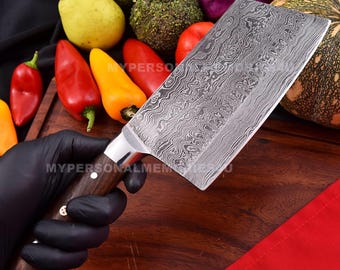 Damascus Cleaver Knife Natural Brown Wood Handle Sharp Edge Knives Birthday Gifts Corporate Gifts  Engraved  Independence Day
