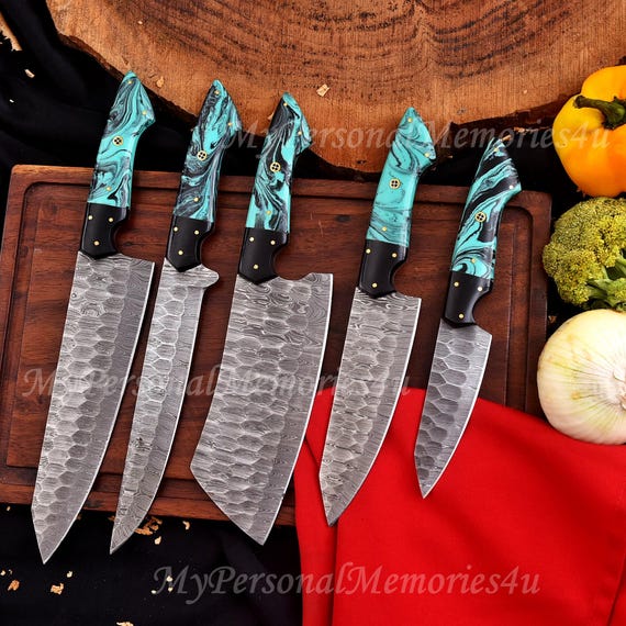 Kitchen Knives Set 5 Pcs Damascus Layer Steel Blades Chef Knives set Birthday Anniversary Corporate Engraved Anniversary  Independence Day