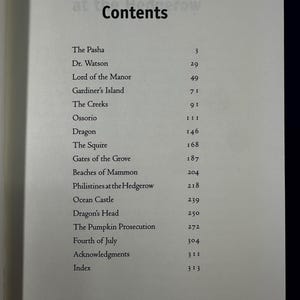 May include: A book titled "Philistines at the Hedgerow" with a table of contents listing chapters and page numbers.