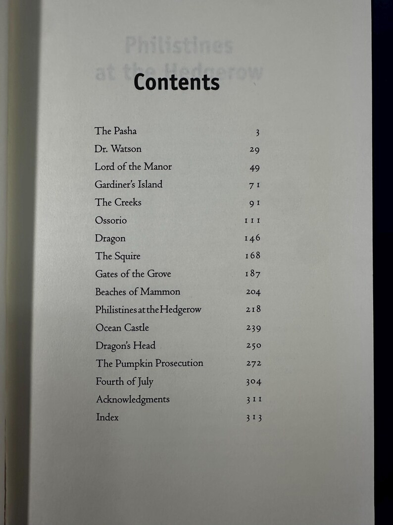 May include: A book titled "Philistines at the Hedgerow" with a table of contents listing chapters and page numbers.