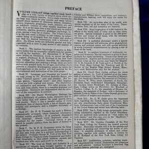 May include: A vintage book titled "Volume Library" with a preface page that lists the contents of the book. The book is bound in brown leather with gold lettering and has a decorative design on the cover.