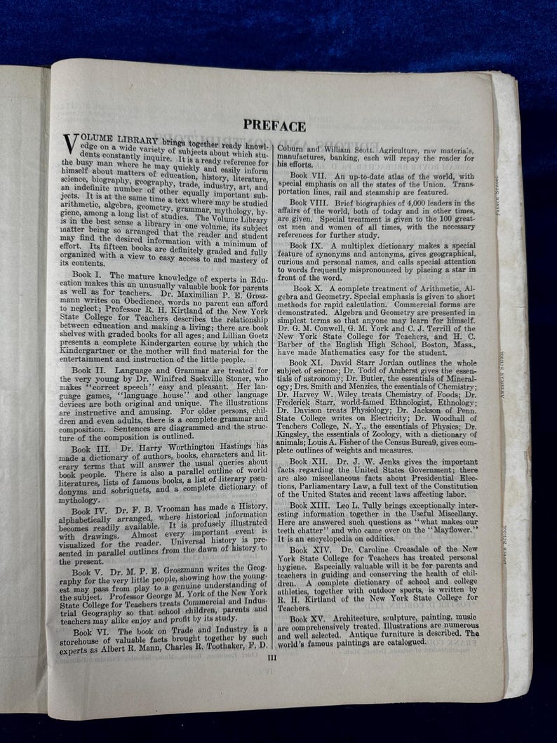 May include: A vintage book titled "Volume Library" with a preface page that lists the contents of the book. The book is bound in brown leather with gold lettering and has a decorative design on the cover.