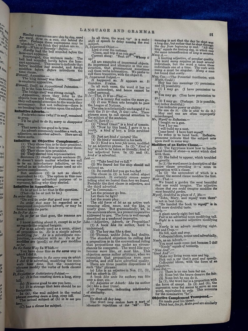 May include: A page from a vintage textbook on language and grammar. The page is printed in black and white and features a detailed explanation of the use of infinitives in English grammar. The text includes examples and explanations of different types of infinitives, such as infinitive adverbs, objective complements, and appositives.
