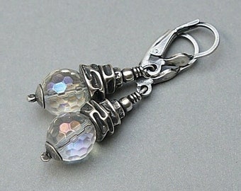 Earrings - oxidized sterling silver and quartz crystal mystic earrings with beads, handmade jewelry, raw earrings