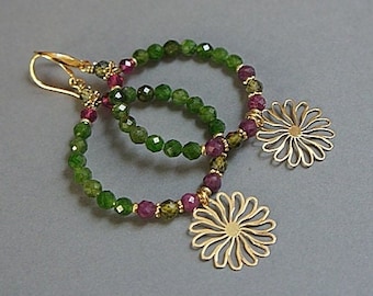 Earrings -  gold plated silver, handmade jewelry, hoop earrings, with natural stones, romantic, flowers, diopside, ruby, green, nature