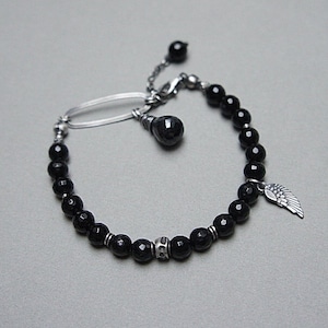 Bracelet oxidized sterling silver 925 with onyx, gemstone, handmade jewelry, bracelet beads, natural stones, black, wing image 1