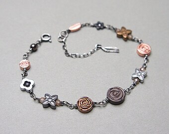 Bracelet - oxidized sterling silver 925 with hematite, gemstone, handmade jewelry, bracelet beads, natural stones, romantic, flowers