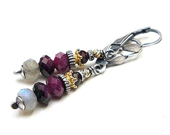 Earrings - oxidized sterling silver and gold plated silver 925 with ruby, labradorite, garnet, earrings with beads, handmade jewelry