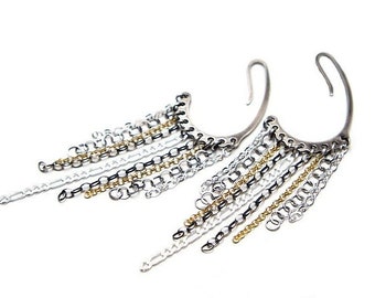 Earrings - oxidized sterling silver 925 and gold plated silver, handmade jewelry, long earrings, chain