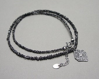 Necklace - oxidized sterling silver 925, excklusive, black natural raw diamonds, natural stones, handmade jewelry, short necklace, delicate