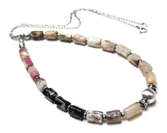 Necklace - oxidized sterling silver 925, tourmaline, handmade jewelry, necklace with natural stones, pink, black, raw necklace, long