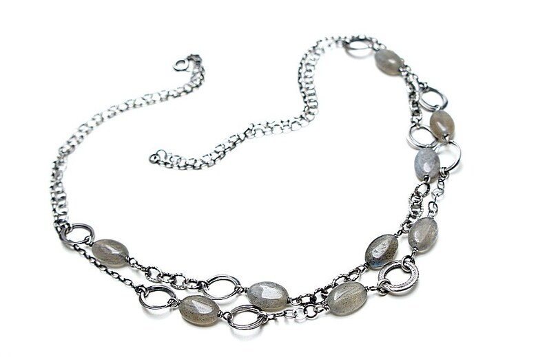 Ketting geoxideerd sterling zilver 925 met labradoriet, edelsteen, handgemaakte sieraden, natuurstenen, ruwe ketting, mineralen afbeelding 7